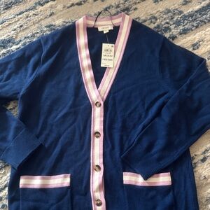 Navy Cardigan with Pink and White Trim